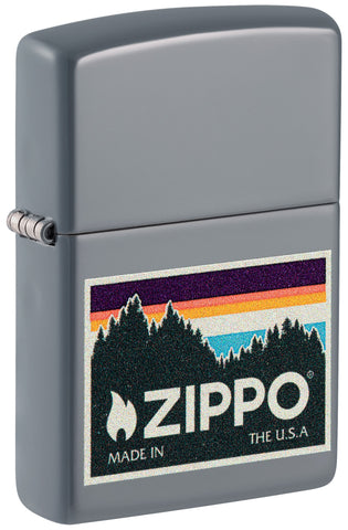 Front shot of Outdoor ˫ Logo Design Flat Grey Windproof Lighter standing at a 3/4 angle.